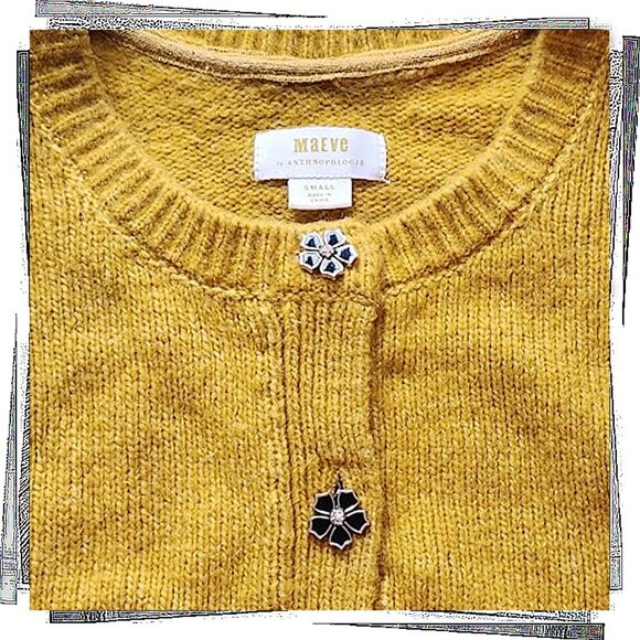 Gold Alpaca Blend Cardigan Sweater w Black & White Floral Buttons (S) by Maeve - Picture 3 of 4